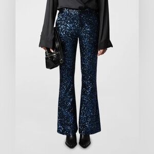 NWT Zadig & Voltaire Prevy Sequins Trouser Flare Pants Blue Party Sparkle Sz 42
